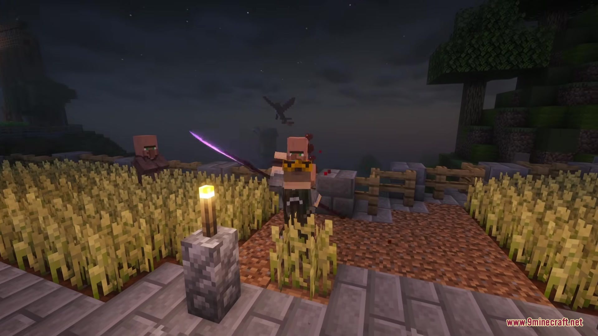 Minecraft character swinging a sword with a bright purple light trail effect