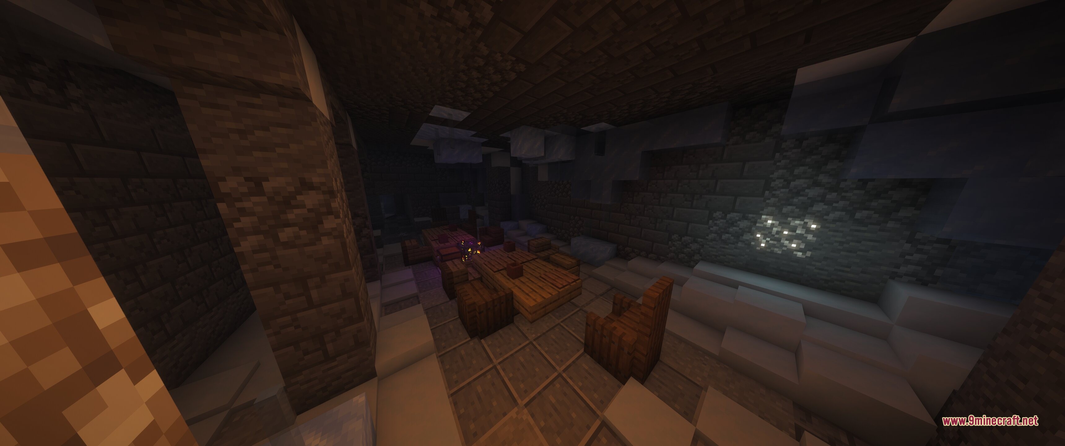Epic Structures Dungeons Data Pack (26.2, 1.20.1) – Brave Huge Dungeons 11 Spacious dungeon room with wooden furniture and stone walls in a snowy biome