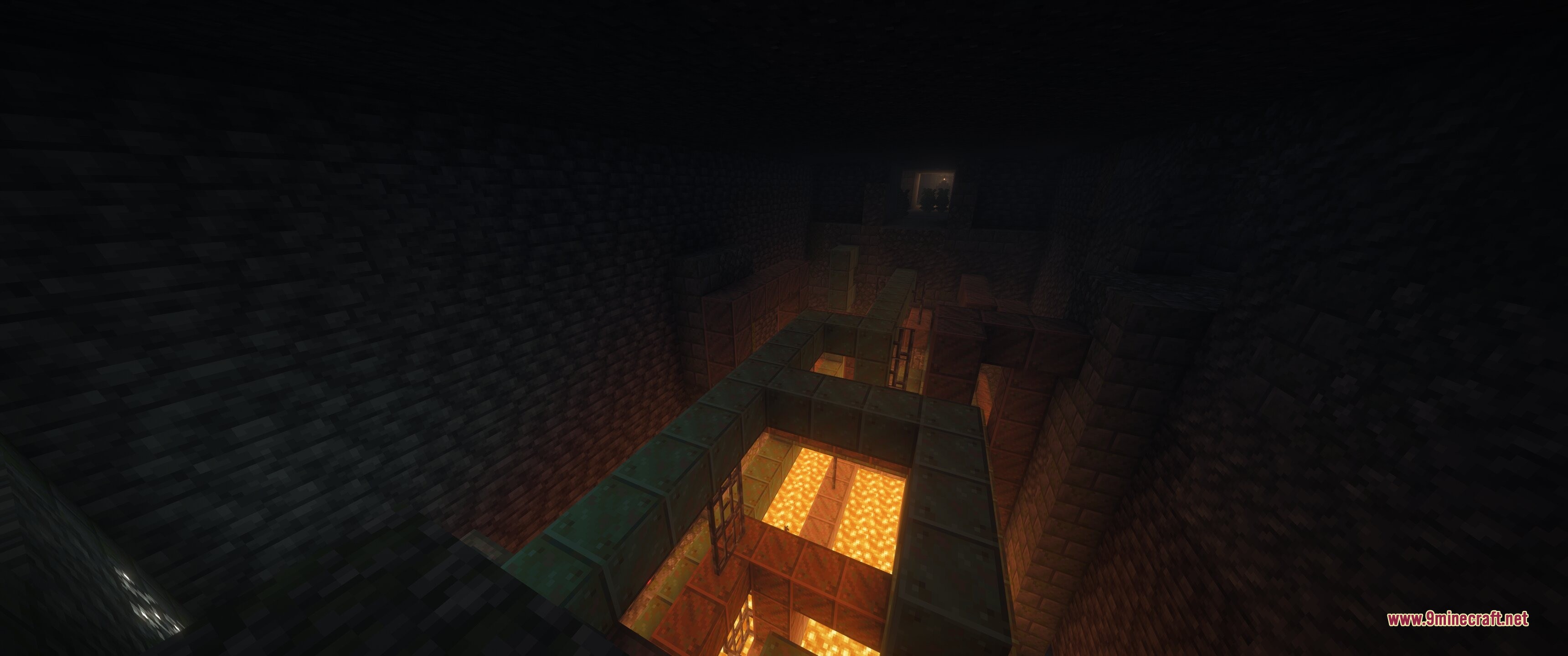 Epic Structures Dungeons Data Pack (26.2, 1.20.1) – Brave Huge Dungeons 4 A vast dark dungeon featuring copper pipes and structures above glowing lava