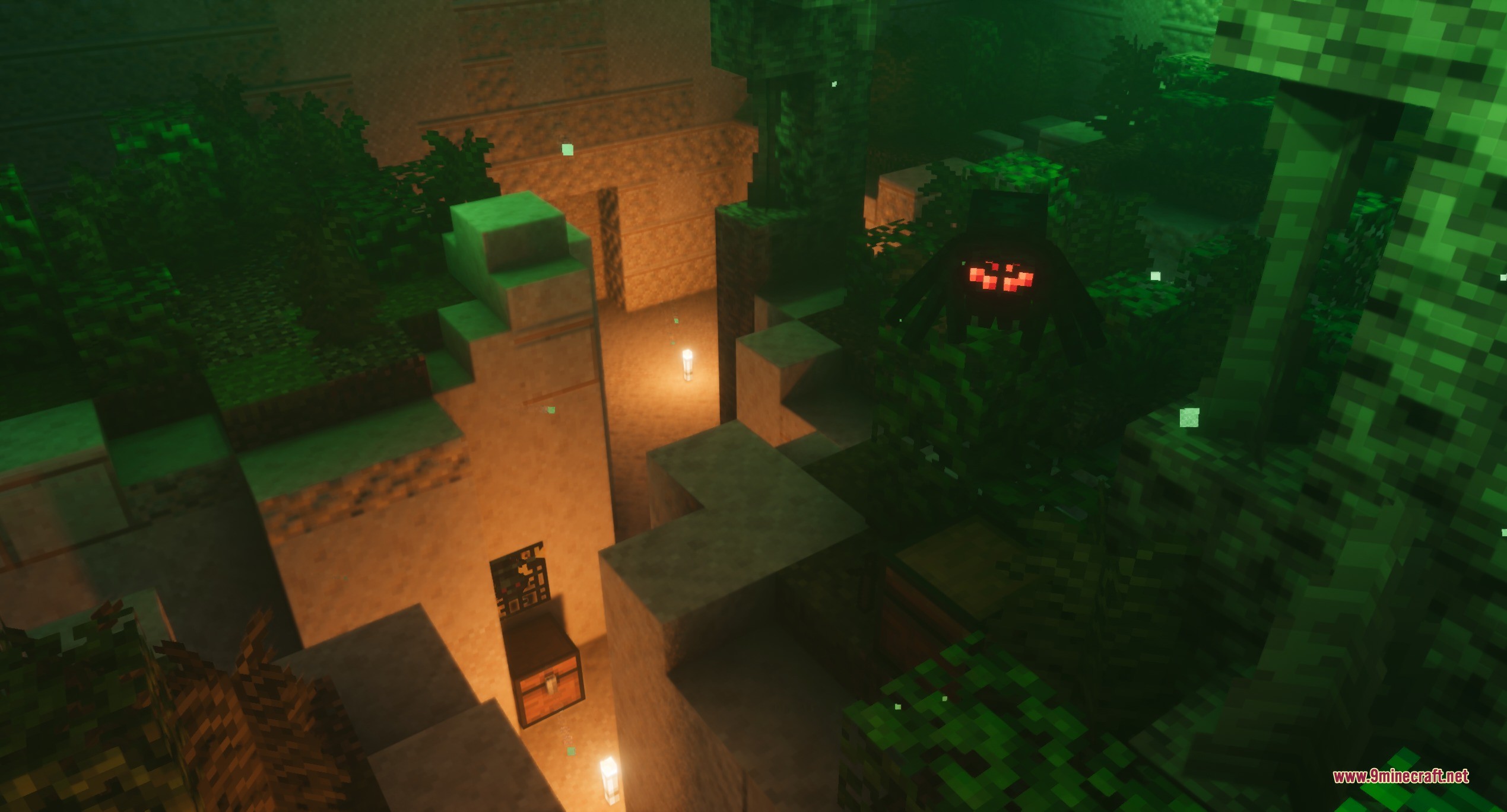 Epic Structures Dungeons Data Pack (26.2, 1.20.1) – Brave Huge Dungeons 5 A spider mob guards a loot chest inside a green jungle dungeon