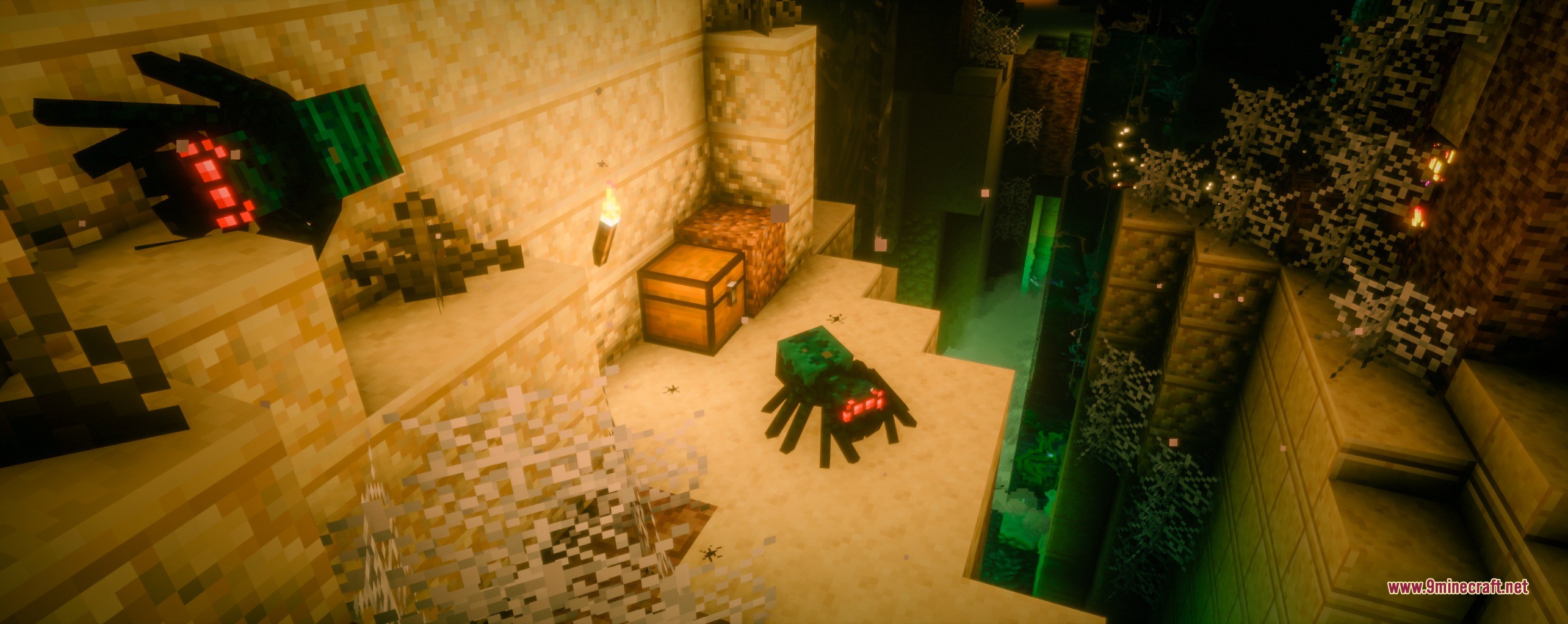 Epic Structures Dungeons Data Pack (26.2, 1.20.1) – Brave Huge Dungeons 6 Hostile spiders guard a loot chest inside a dark sandstone desert dungeon