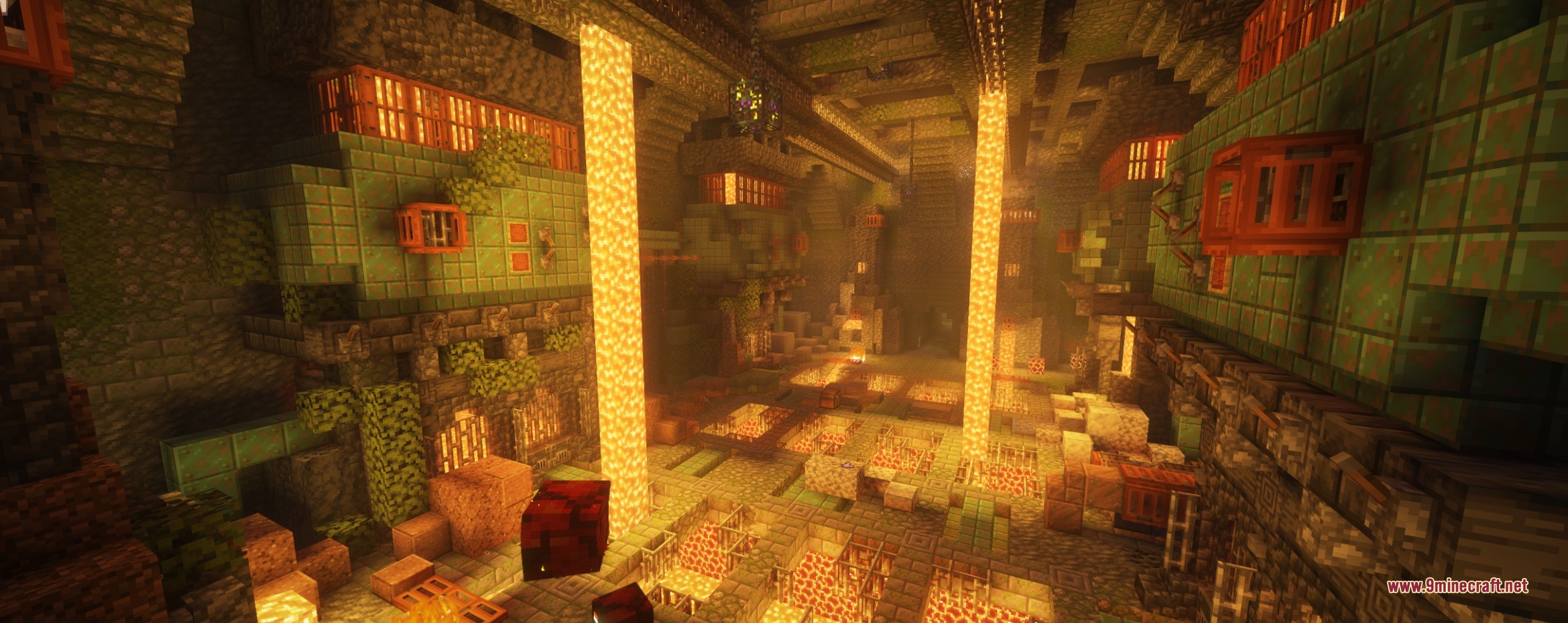 Epic Structures Dungeons Data Pack (26.2, 1.20.1) – Brave Huge Dungeons 7 A massive underground chamber with lava pillars and complex dungeon room layouts