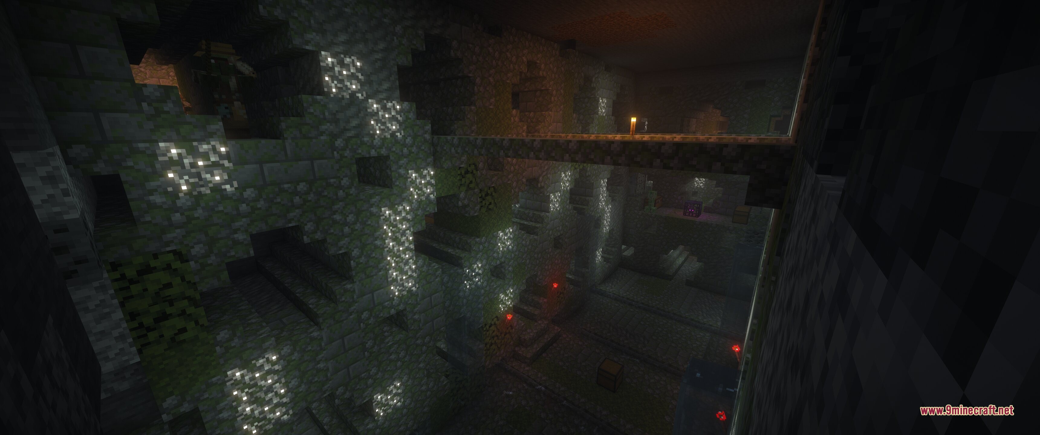 Epic Structures Dungeons Data Pack (26.2, 1.20.1) – Brave Huge Dungeons 8 Massive underground dungeon chamber with stone bridges and glowing ores on the walls