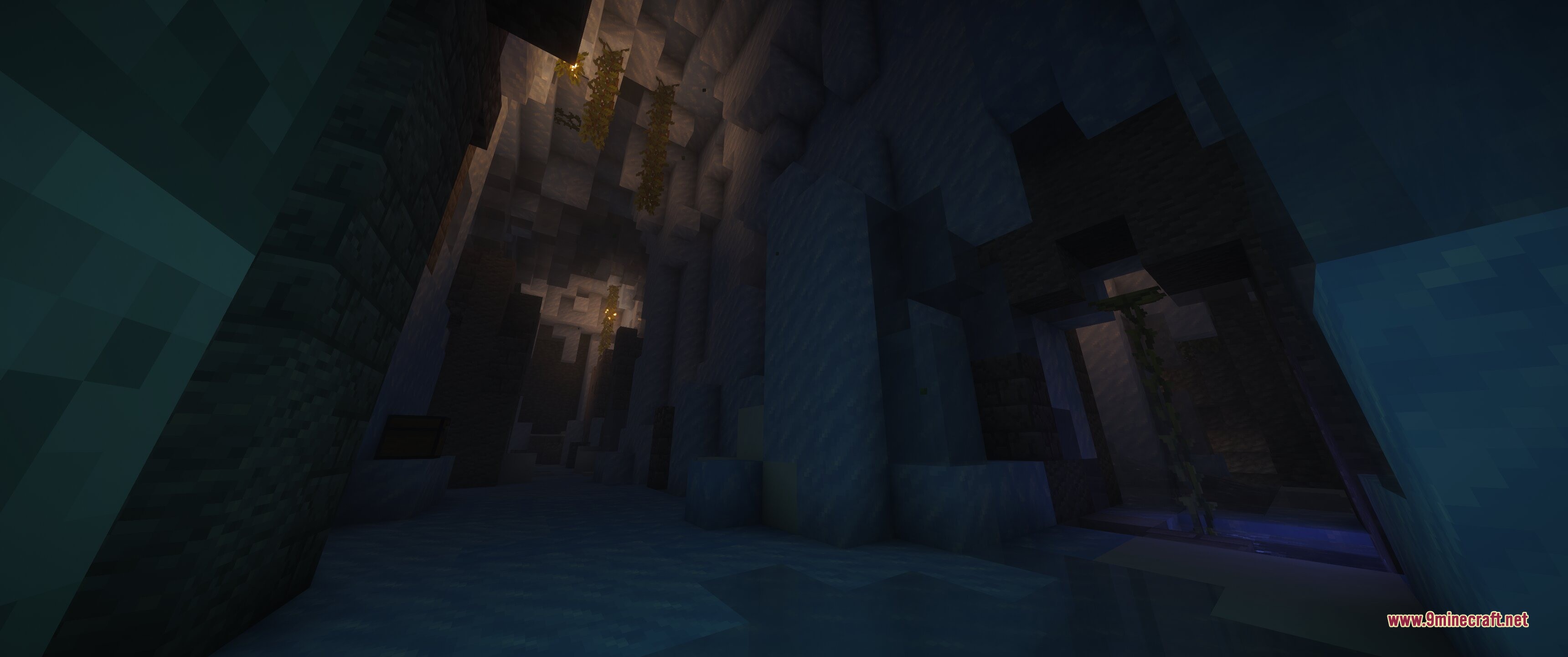 Epic Structures Dungeons Data Pack (26.2, 1.20.1) – Brave Huge Dungeons 9 Dark icy dungeon cavern with snow blocks and hanging vines inside