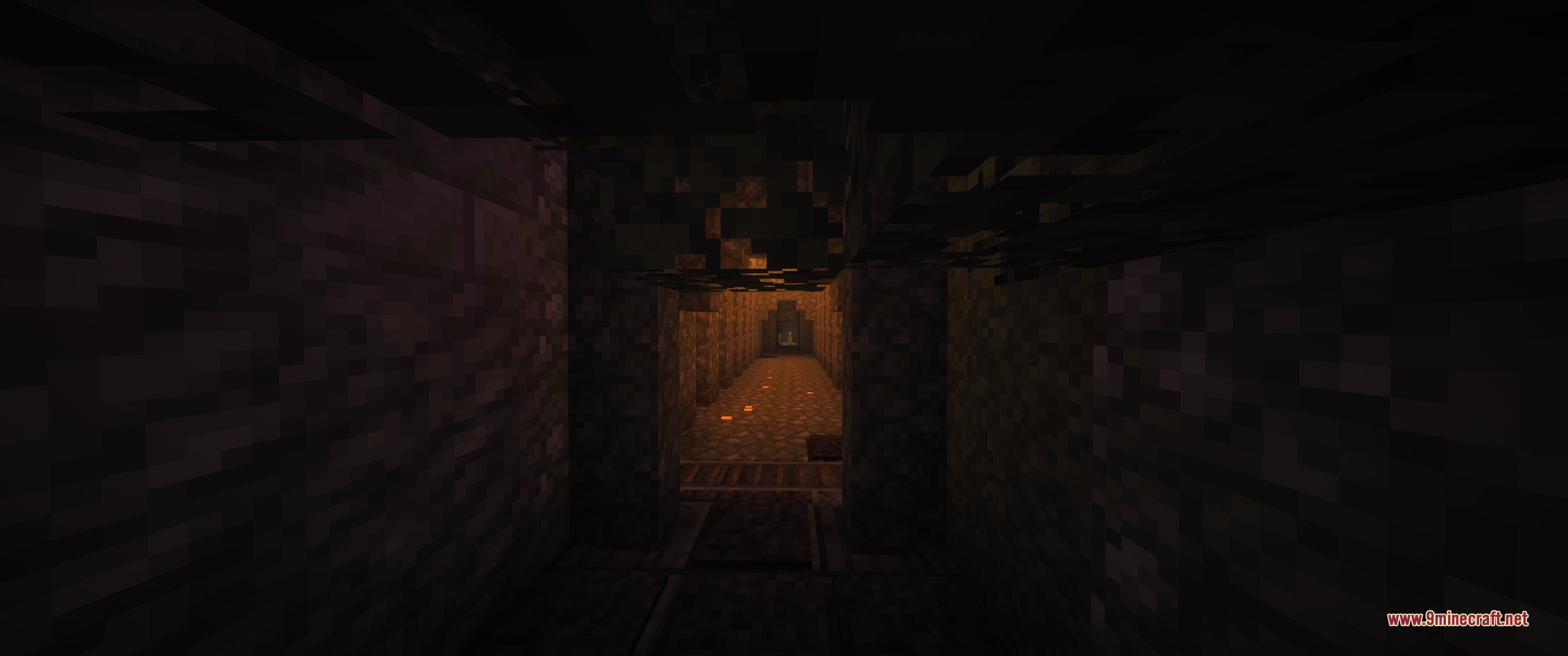 Epic Structures Dungeons Data Pack (26.2, 1.20.1) – Brave Huge Dungeons 10 Dark stone hallway leading towards a lit room in an underground dungeon