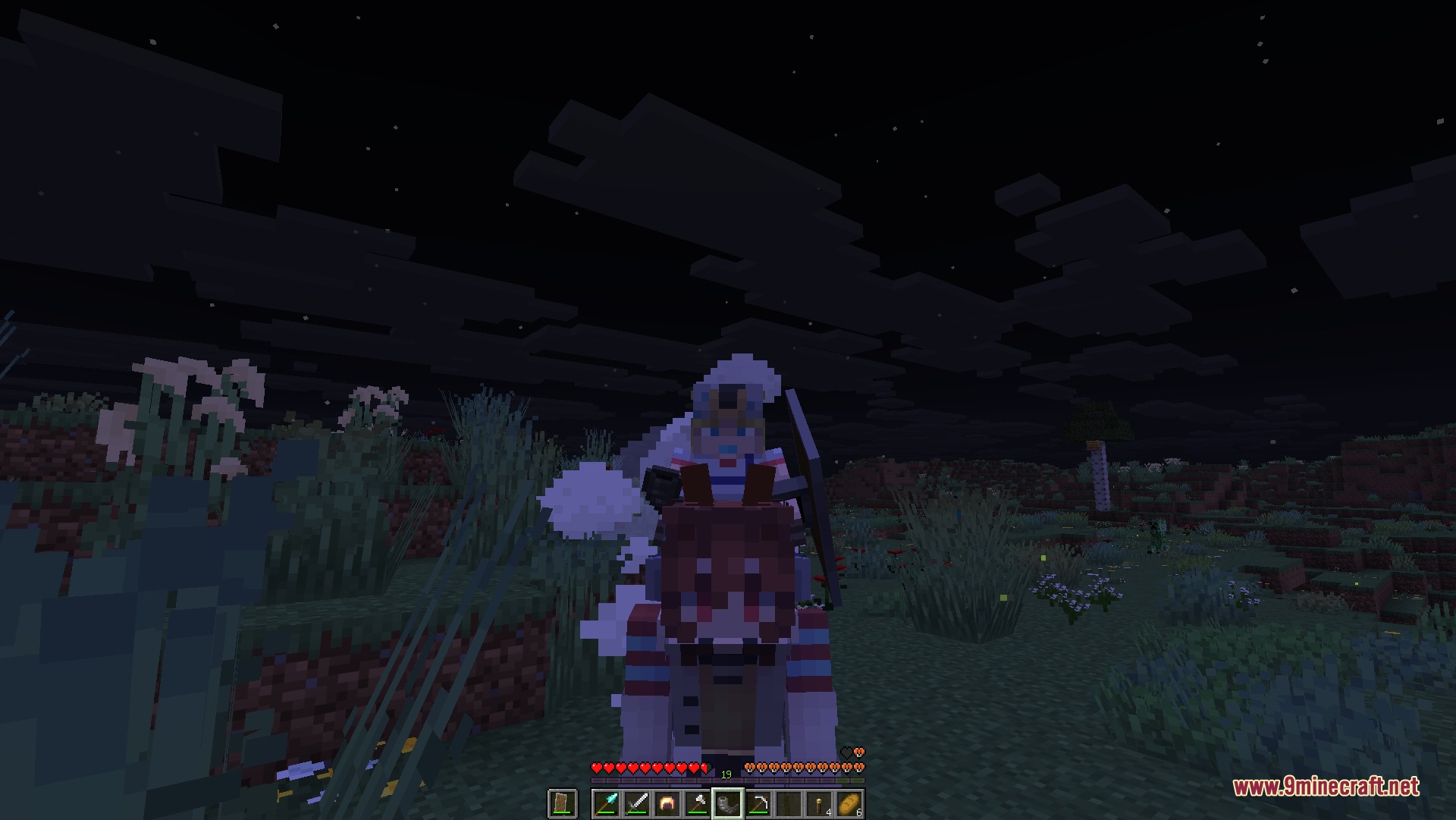 A player rides a brown haired anime horse girl through a dark field