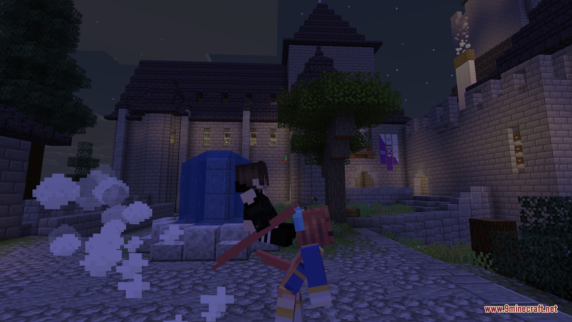A player riding an anime horse girl character near a castle fountain