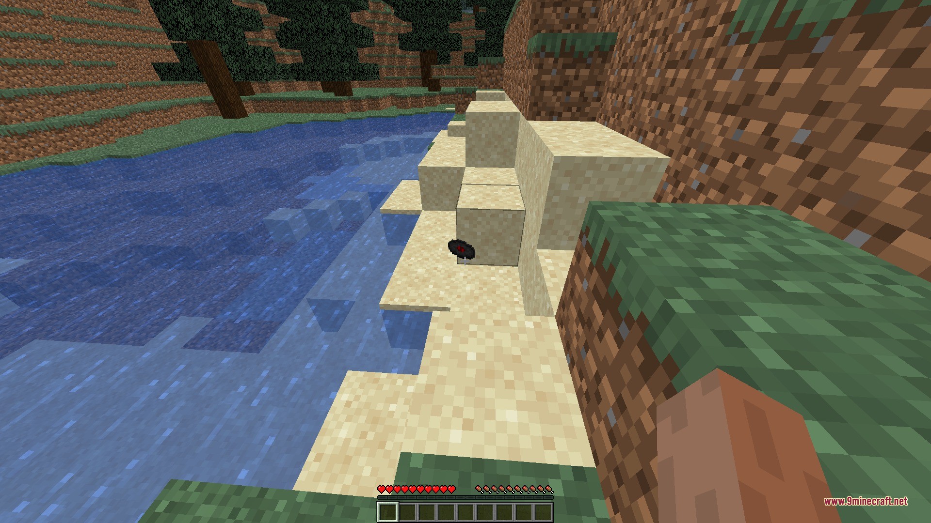 Every Block Drop Is Random Data Pack (26.2, 1.20.1) – Break Any Block 4 A music disc item floating on sand next to a river in minecraft