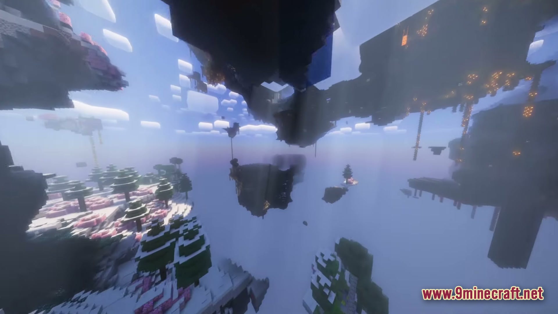 Exosphere 1 Modpack (1.20.1) – Survive And Build Among 2 Floating islands with diverse biomes and structures suspended in a foggy sky with volumetric lighting