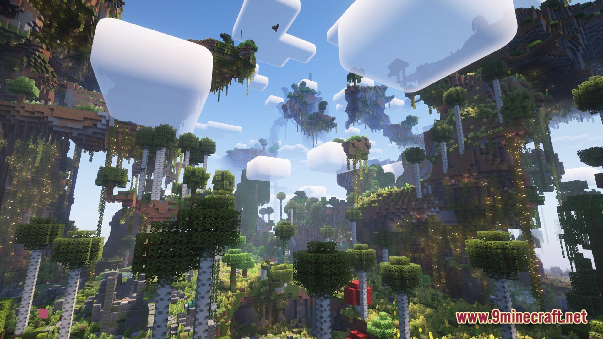 Exosphere 1 Modpack (1.20.1) – Survive And Build Among 8 Lush floating islands with birch trees, vines, and rounded clouds in a sky-based minecraft world