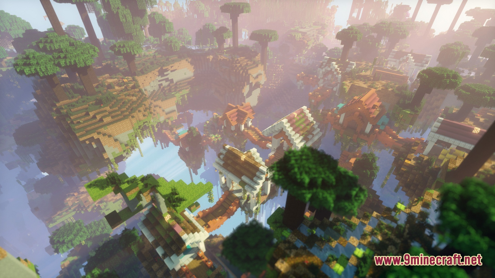 Exosphere 1 Modpack (1.20.1) – Survive And Build Among 9 A village of wooden houses and rope bridges built across floating islands in a jungle biome