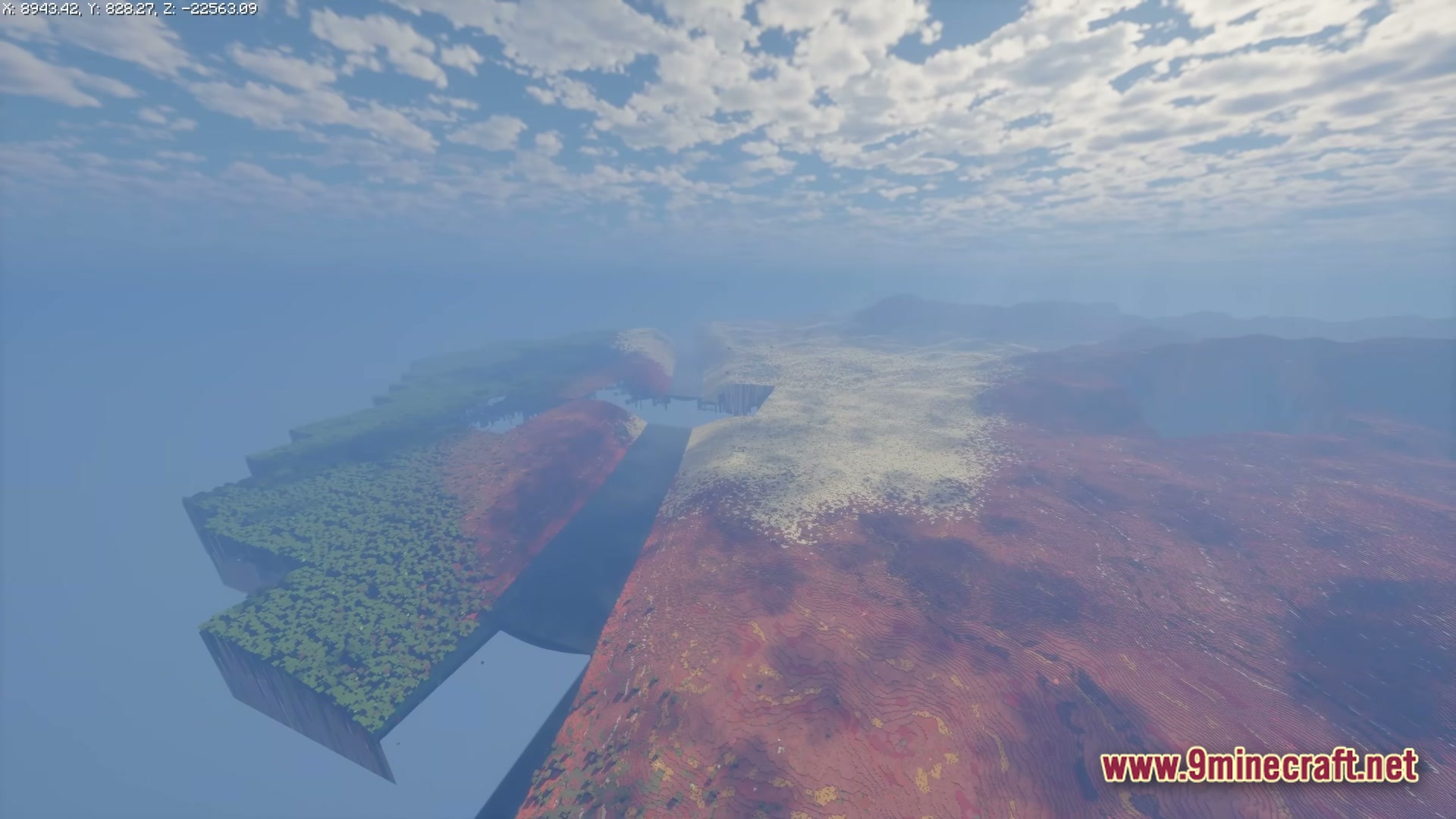 Ff’s Terra Forge Modpack (1.21) – Explore Massive Biomes And Dungeons 6 An aerial view of vast, custom-generated terrain featuring mesa, forest, and snowy biomes under a cloudy sky