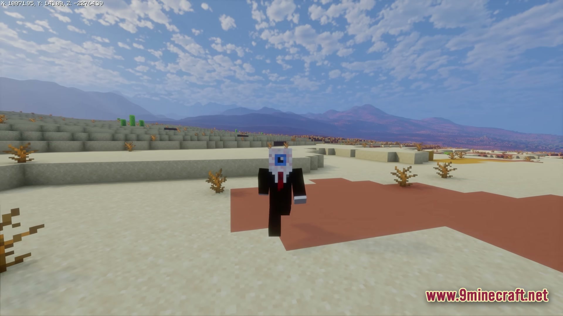 Ff’s Terra Forge Modpack (1.21) – Explore Massive Biomes And Dungeons 7 A player character with an eyeball skin stands in a vast desert biome under a cloudy sky
