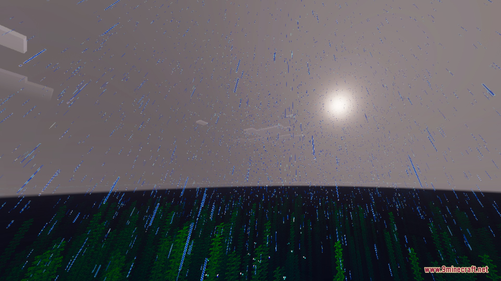 Fancy Visuals Shader (26.X) – Falling Cherry Petals And Glowing Water 11 Rain falling over green plants under a cloudy sky with the sun visible