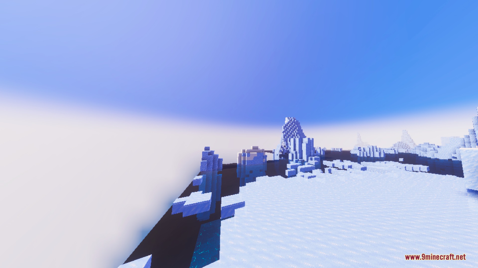 Fancy Visuals Shader (26.X) – Falling Cherry Petals And Glowing Water 4 A vast frozen landscape featuring tall ice spikes under a bright sky