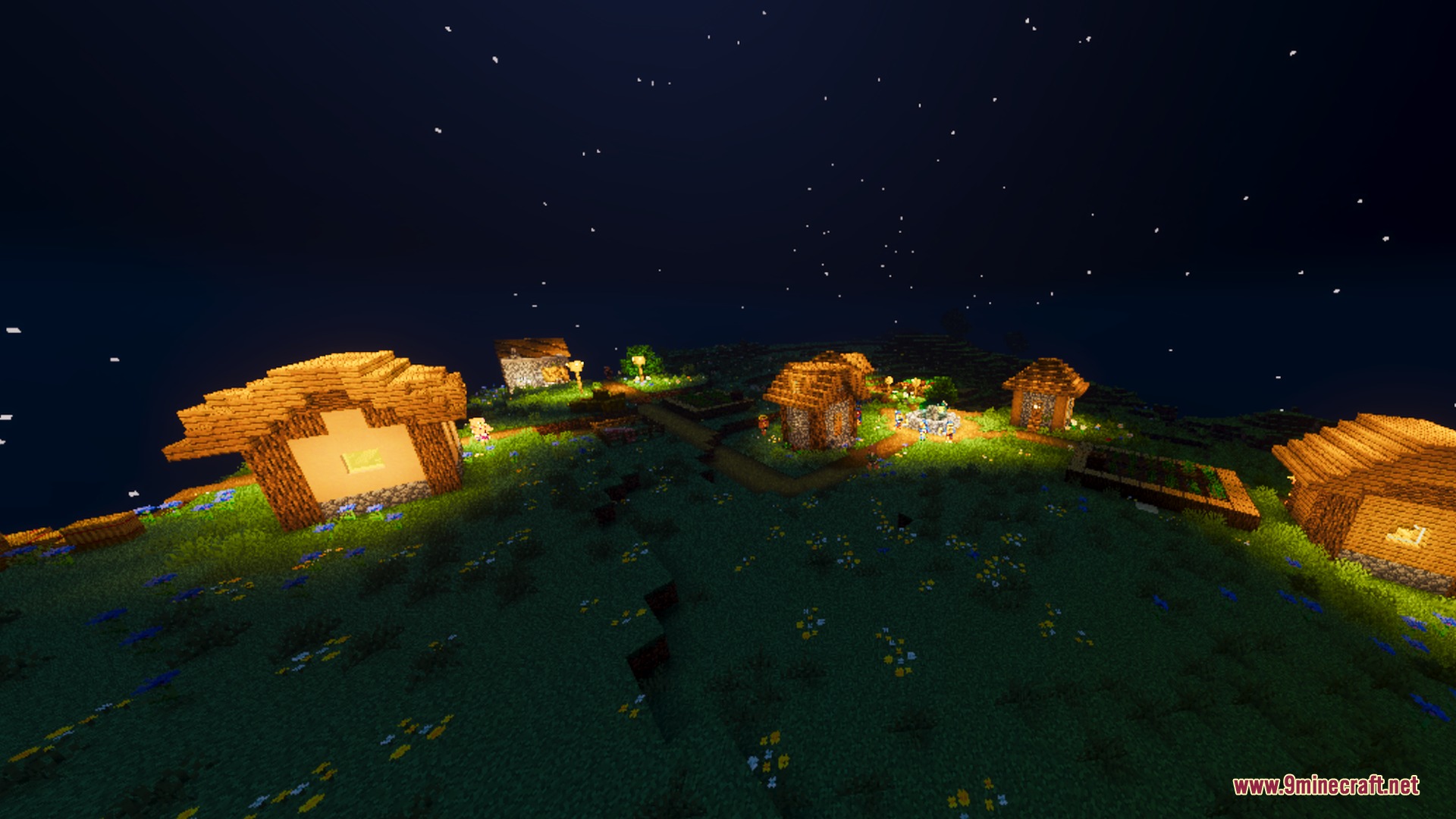 Fancy Visuals Shader (26.X) – Falling Cherry Petals And Glowing Water 5 Cozy village houses illuminated by warm lanterns during a clear starry night