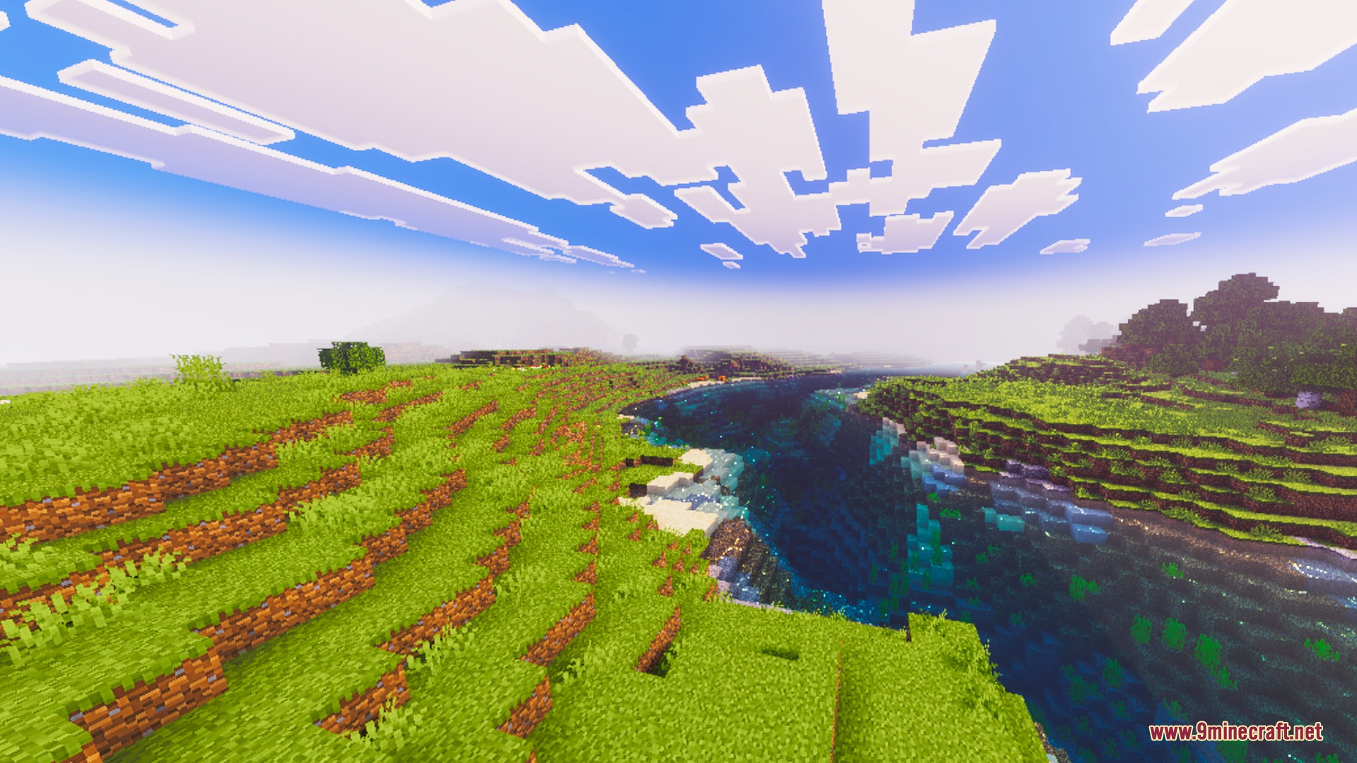 Fancy Visuals Shader (26.X) – Falling Cherry Petals And Glowing Water 6 Scenic minecraft landscape featuring rolling green hills and a river under bright clouds
