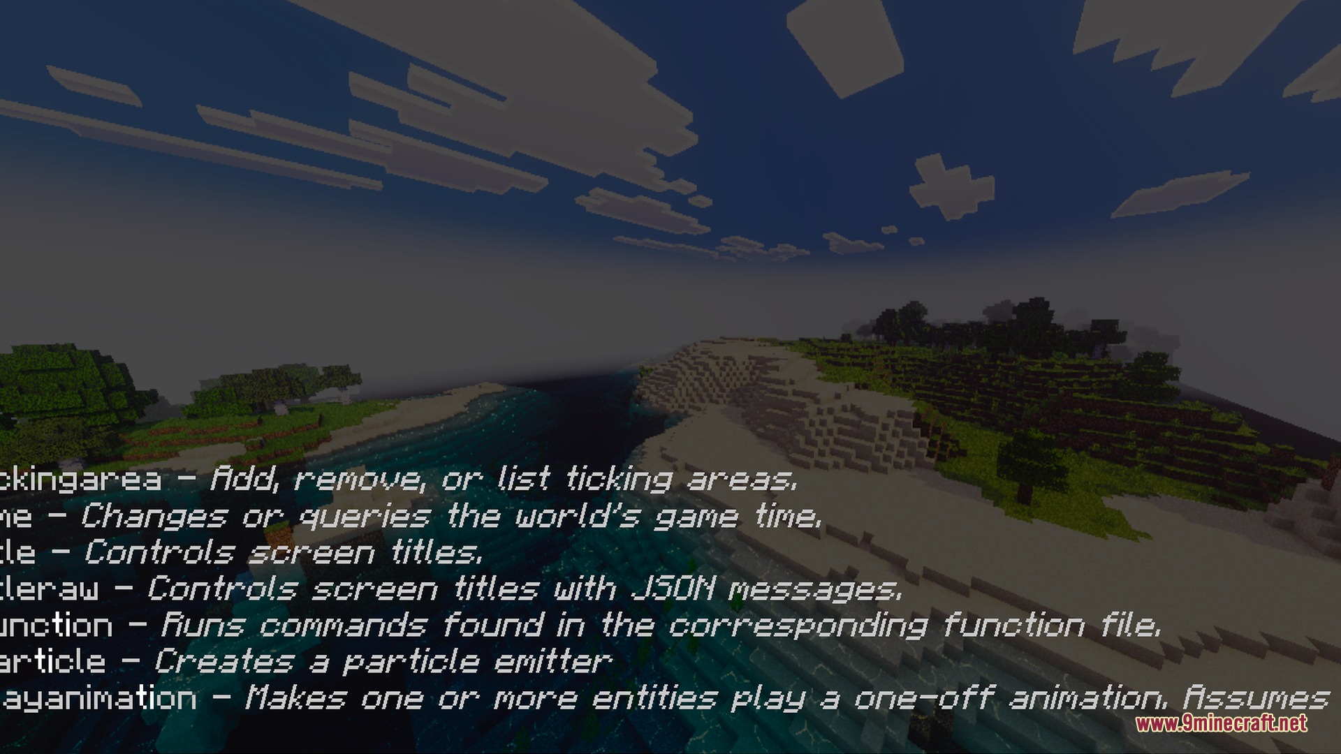 Fancy Visuals Shader (26.X) – Falling Cherry Petals And Glowing Water 8 Fancy visuals shader displaying a list of commands over a sunset beach