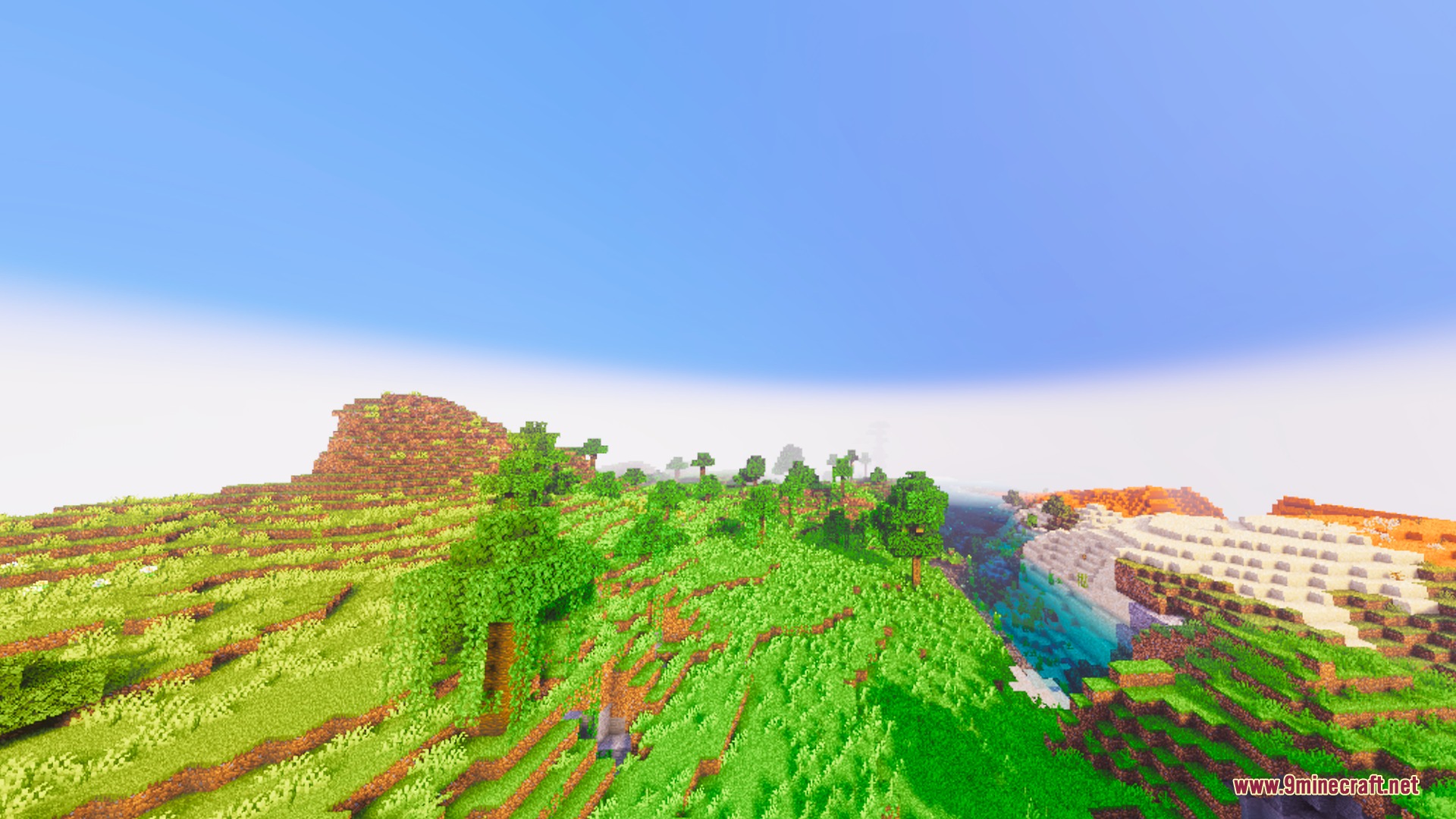 Fancy Visuals Shader (26.X) – Falling Cherry Petals And Glowing Water 10 Lush green hills and trees under a bright blue sky with cinematic lighting