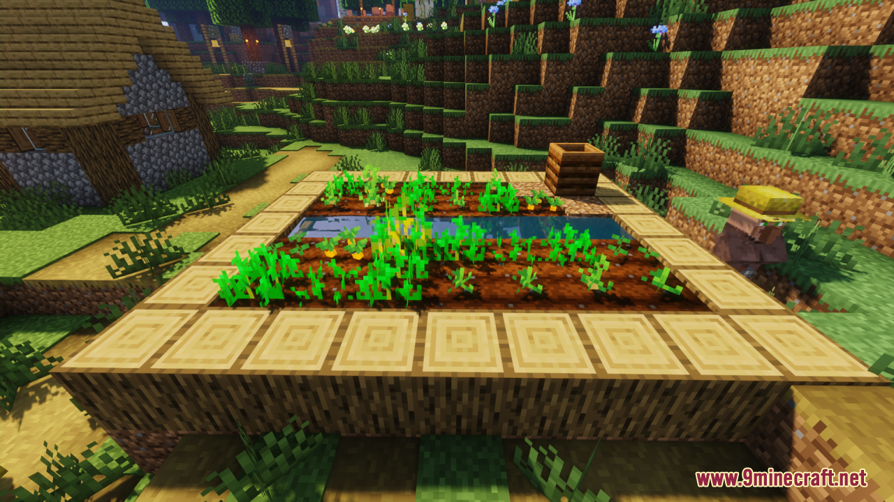 Farm 3D Resource Pack (26.2, 1.20.1) – Makes Minecraft Plants 3D 2 Villager farmer near raised plot showing farm 3d texture pack crops