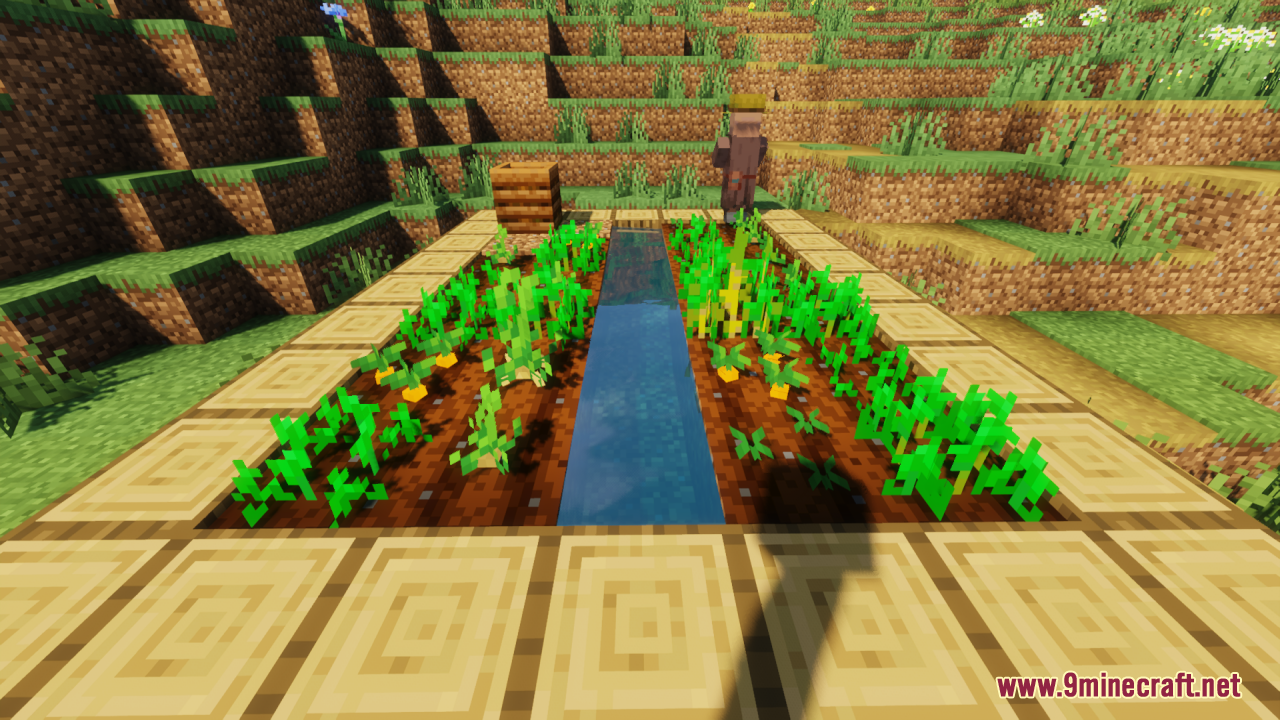 Farm 3D Resource Pack (26.2, 1.20.1) – Makes Minecraft Plants 3D 3 Detailed view of 3d farm crops alongside a central water trench