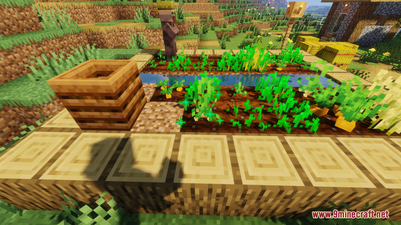 Farm 3D Resource Pack (26.2, 1.20.1) – Makes Minecraft Plants 3D 5 Wooden composter placed next to growing 3d crops in village farm