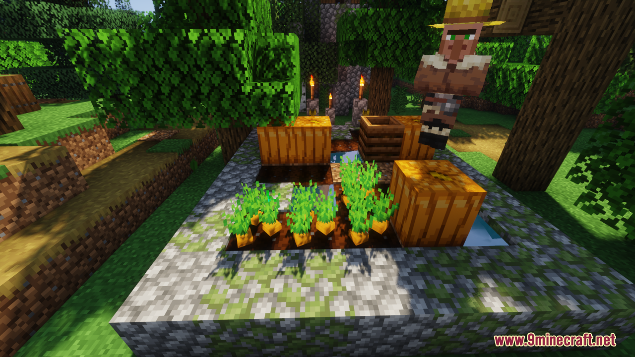 Farm 3D Resource Pack (26.2, 1.20.1) – Makes Minecraft Plants 3D 9 Farmer villager standing near pumpkins and 3d carrots in a farm
