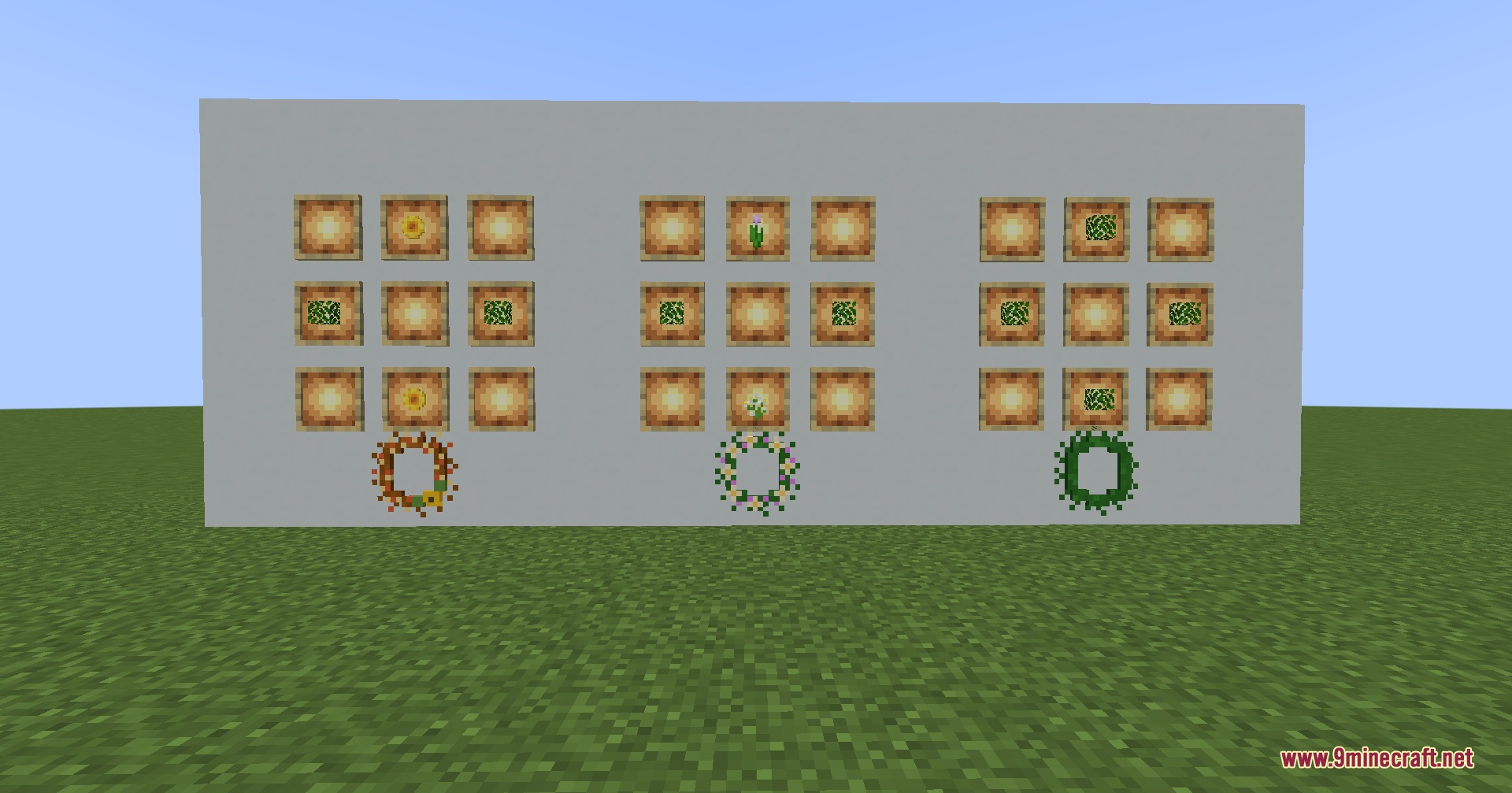 Fay’s Plants Mod (1.20.1) – Design Cozy Indoor Gardens With Cute Animal Pots 5 Three crafting recipes for decorative wreaths shown on a white wall