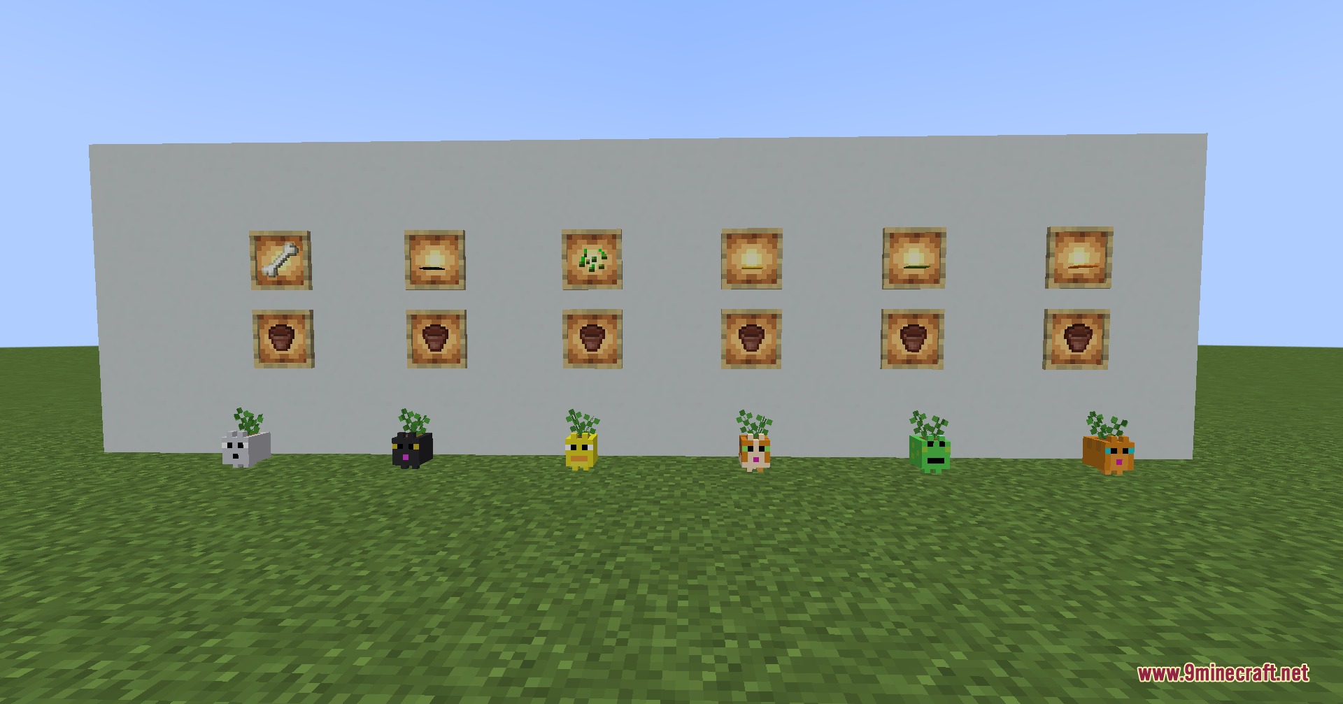 Fay’s Plants Mod (1.20.1) – Design Cozy Indoor Gardens With Cute Animal Pots 7 A collection of small animal themed flower pots sitting on the grass