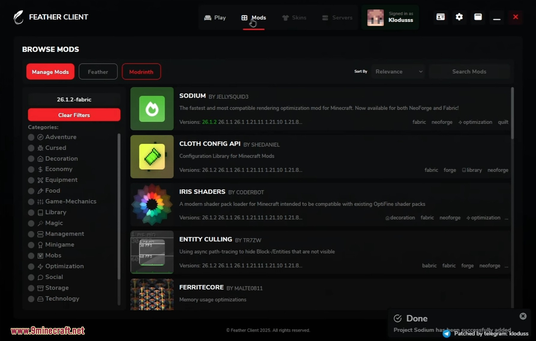 Feather Patched Launcher (26.2, 1.20.1) – Get Full Features With No License 12 Browsing and managing mods within the client interface
