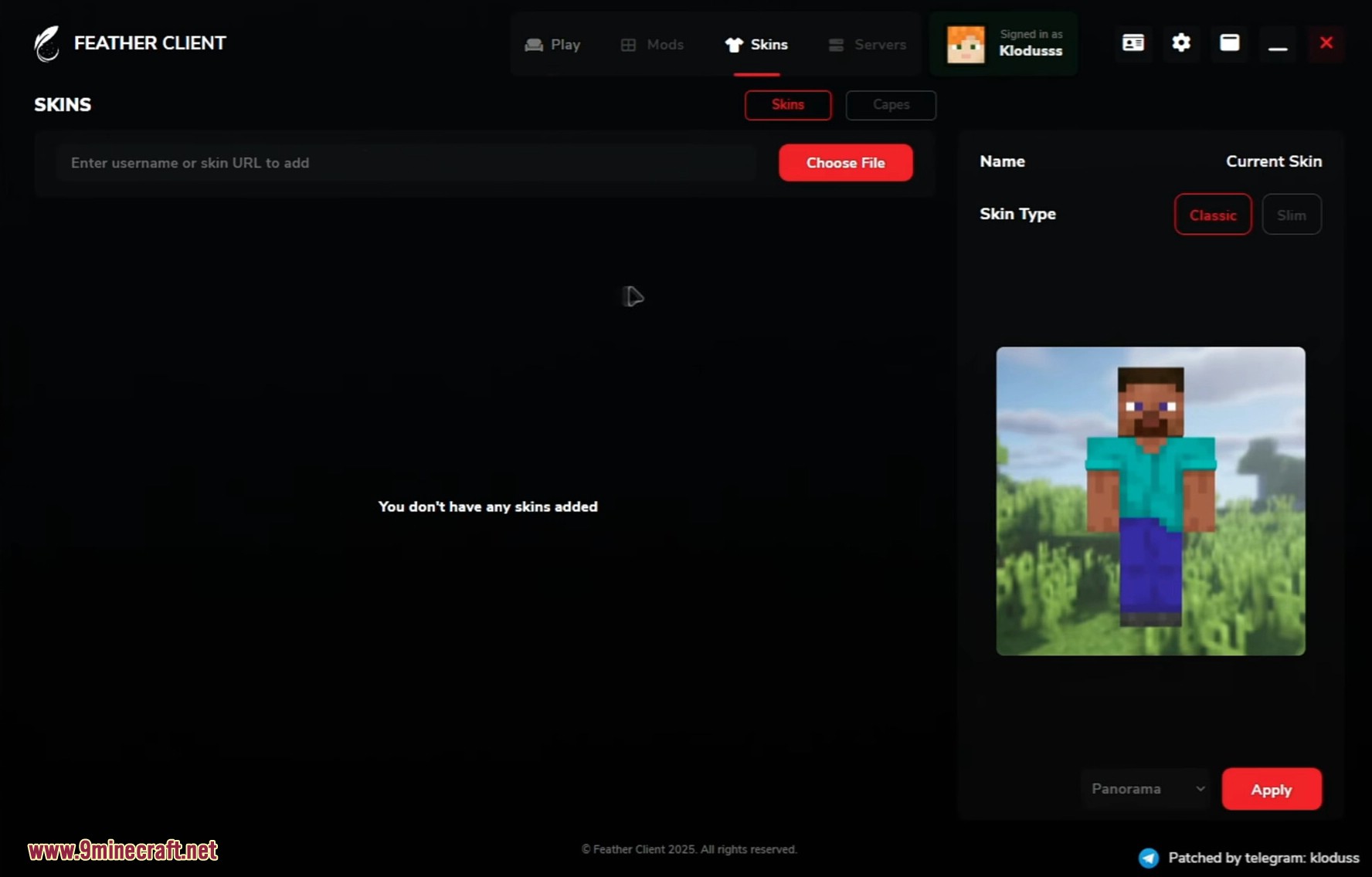 Feather Patched Launcher (26.2, 1.20.1) – Get Full Features With No License 7 Managing minecraft skins within the feather client launcher