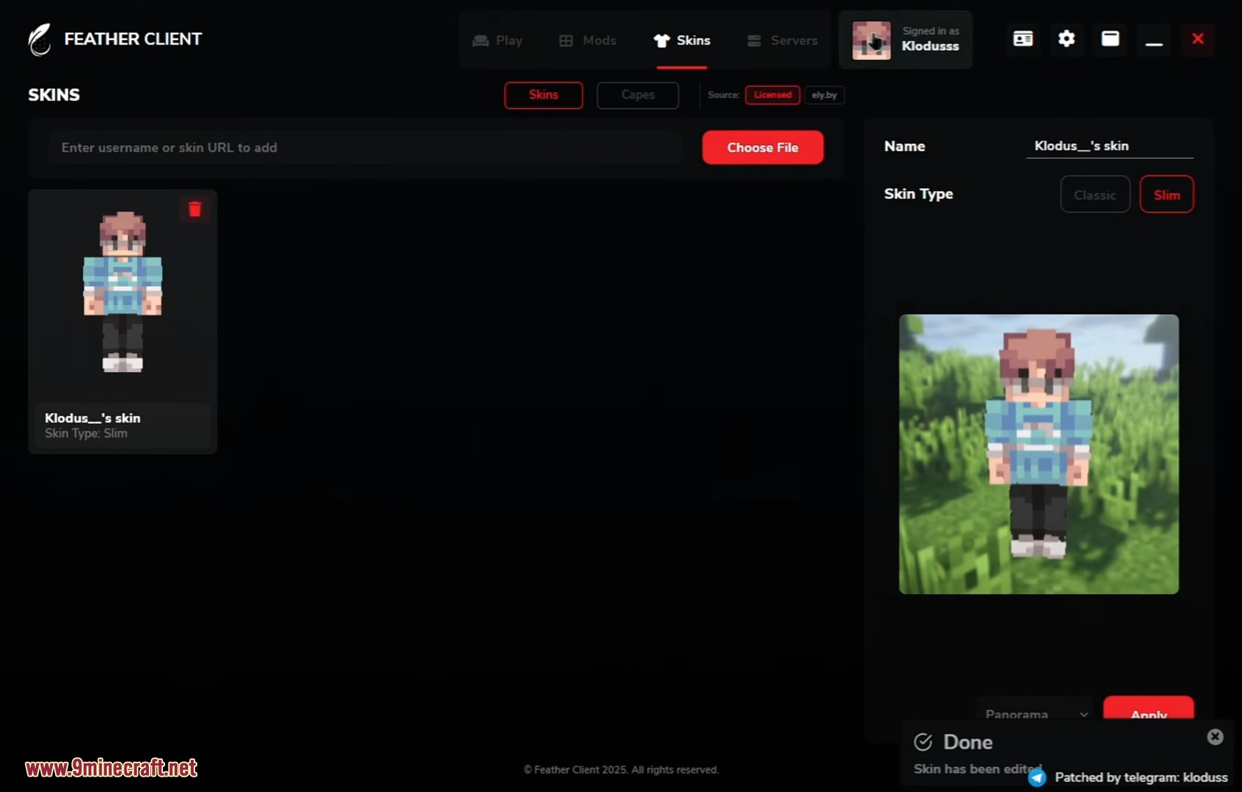Feather Patched Launcher (26.2, 1.20.1) – Get Full Features With No License 8 Applying a new custom player skin from the menu