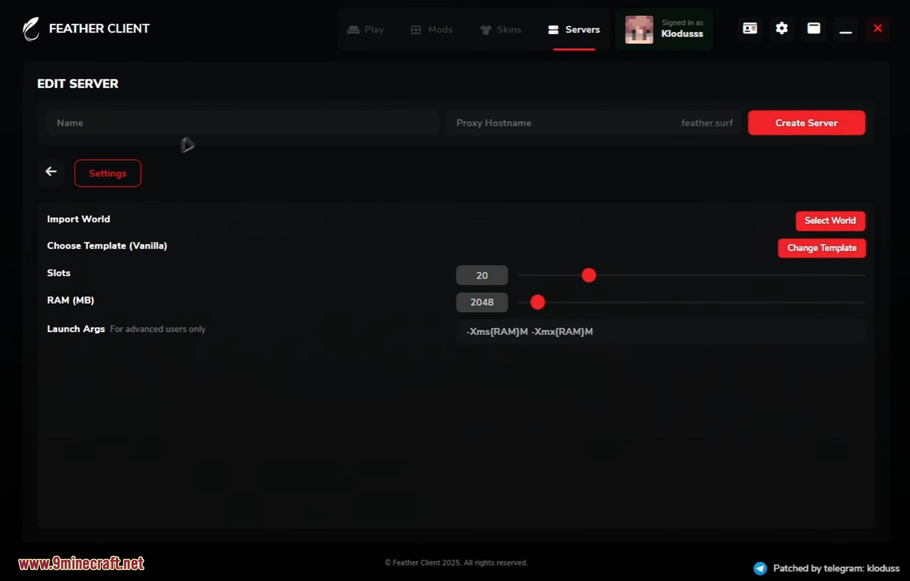 Feather Patched Launcher (26.2, 1.20.1) – Get Full Features With No License 9 Configuring server settings like ram and player slots