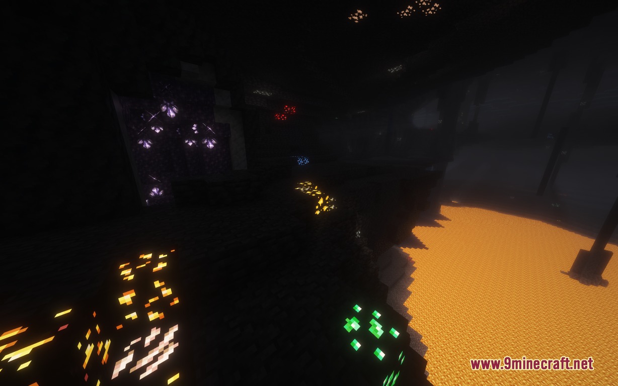 Featured Old Textures And New Resource Pack (26.1.2, 1.20.1) 3 Brightly glowing ores illuminate a dark underground cave near a pool of lava
