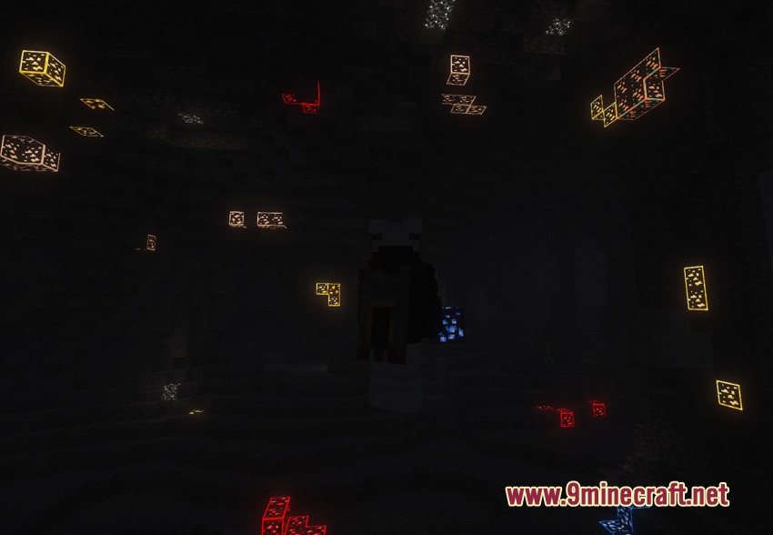 Featured Old Textures And New Resource Pack (26.1.2, 1.20.1) 6 Glowing ores with borders illuminate a dark underground cave in minecraft