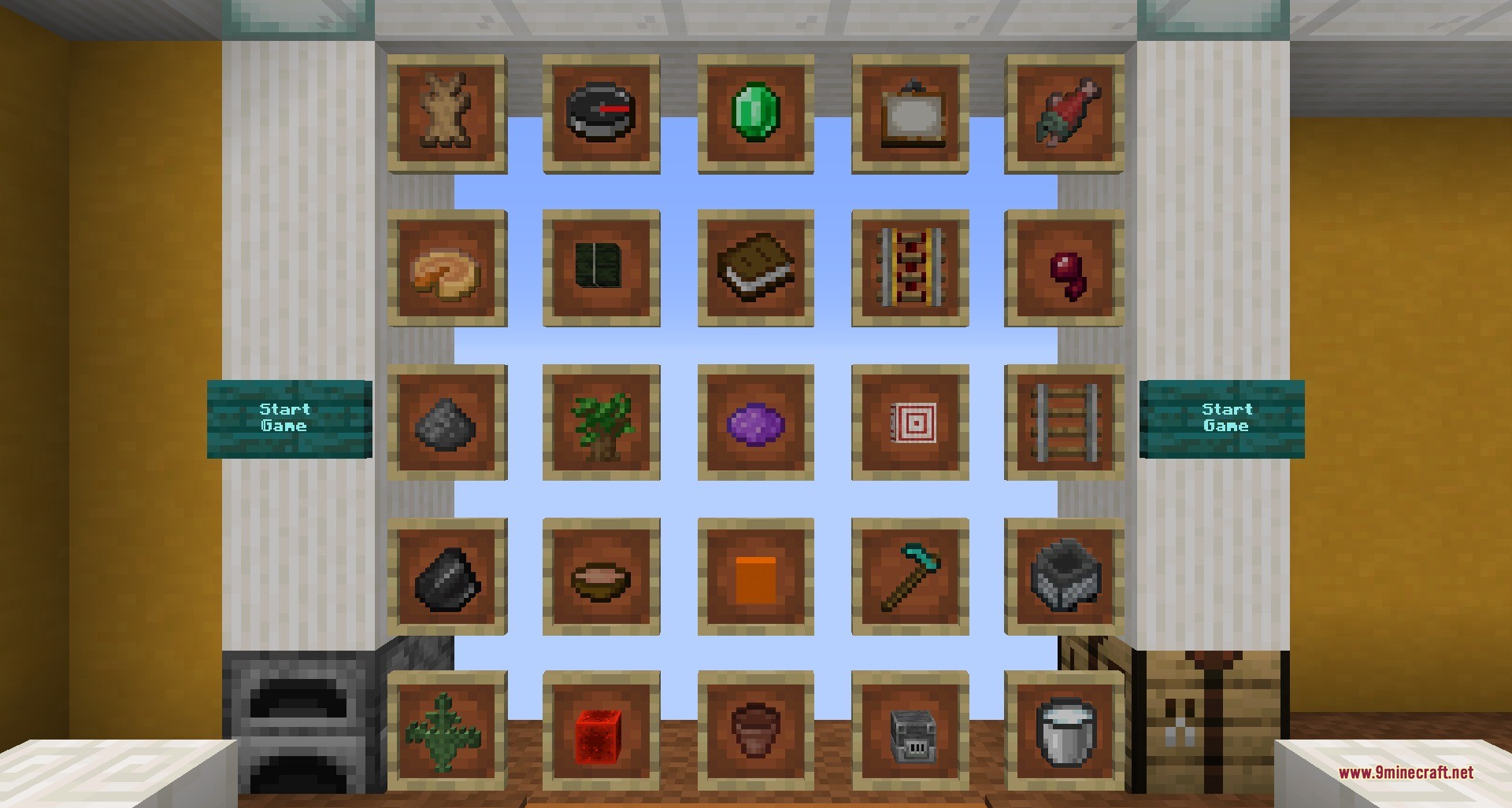 A wall displaying a five by five grid of various minecraft items