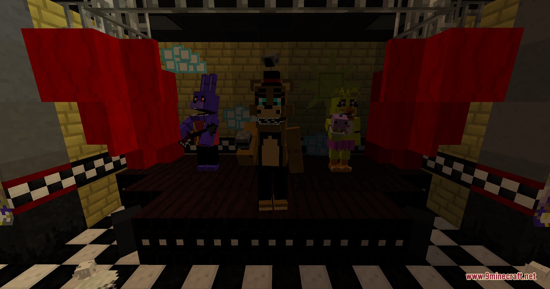 Five Nights At Freddy’s Additions Update 2 Mod (1.21.1) 2 Three animatronic characters standing on a stage with red curtains in minecraft