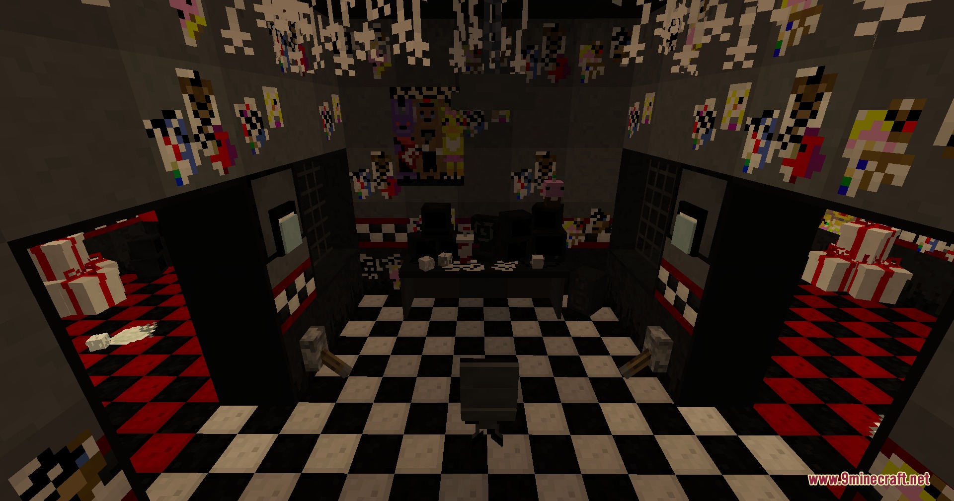 Five Nights At Freddy’s Additions Update 2 Mod (1.21.1) 3 A recreated security office with posters and checkered floors in a minecraft world