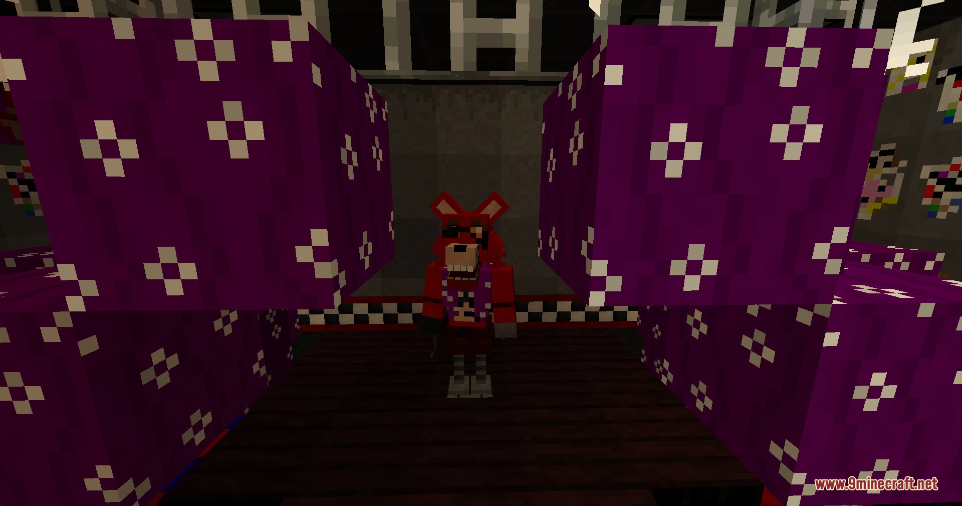 Five Nights At Freddy’s Additions Update 2 Mod (1.21.1) 4 Red fox animatronic character standing between purple patterned blocks in a dark room