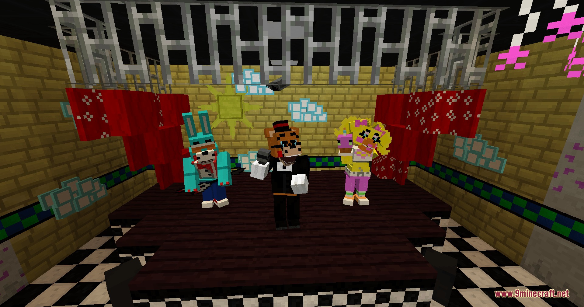 Five Nights At Freddy’s Additions Update 2 Mod (1.21.1) 5 Three animatronic characters performing on a stage inside a minecraft horror restaurant