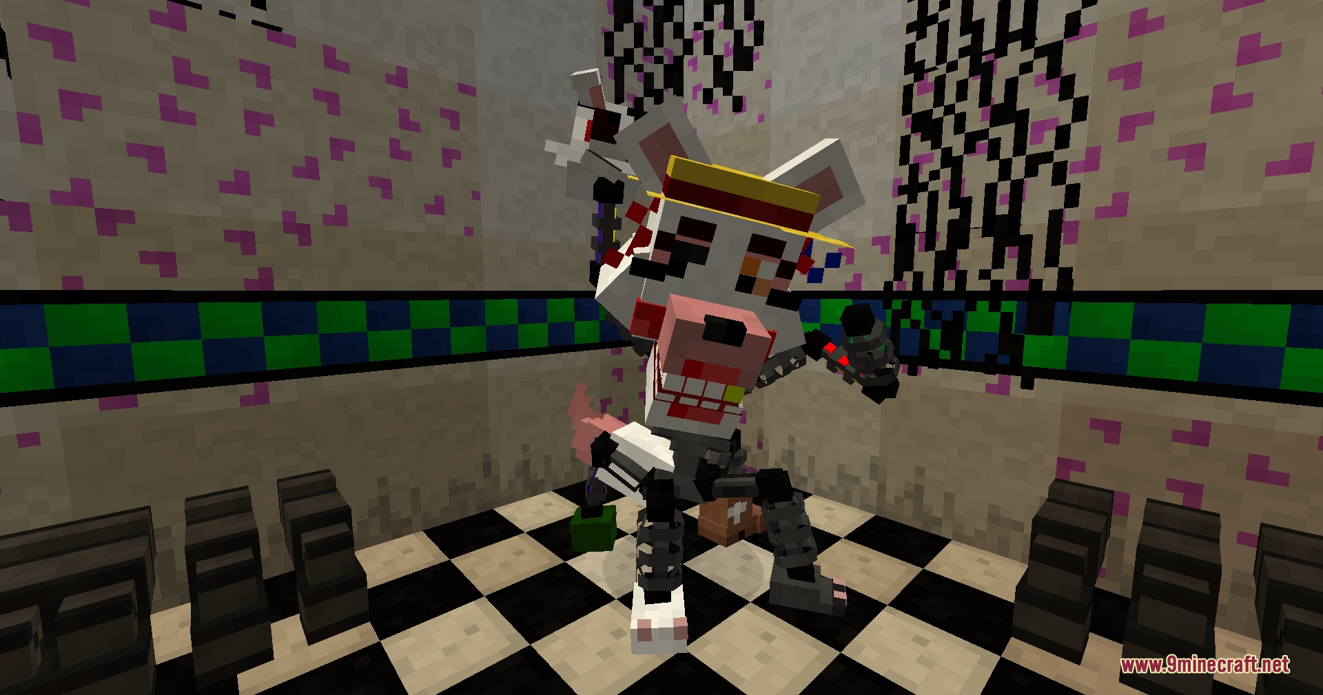 Five Nights At Freddy’s Additions Update 2 Mod (1.21.1) 6 A white fox animatronic wearing a yellow hat stands in a minecraft pizzeria