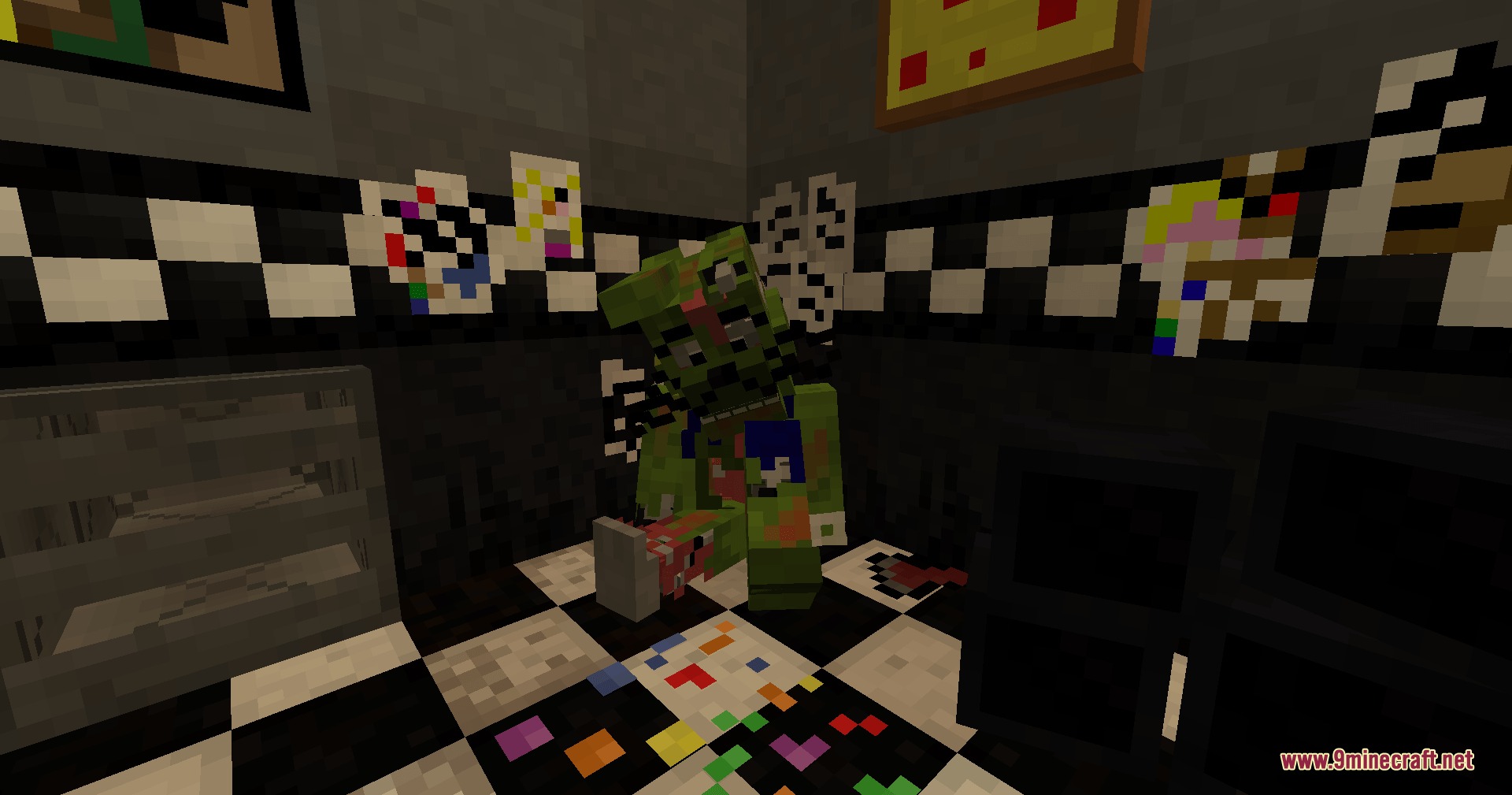 Five Nights At Freddy’s Additions Update 2 Mod (1.21.1) 7 A green withered rabbit animatronic sits in a dark corner of a pizzeria