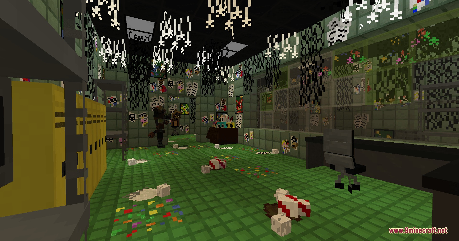 Five Nights At Freddy’s Additions Update 2 Mod (1.21.1) 8 A messy security office with green tiles and various animatronic characters standing around