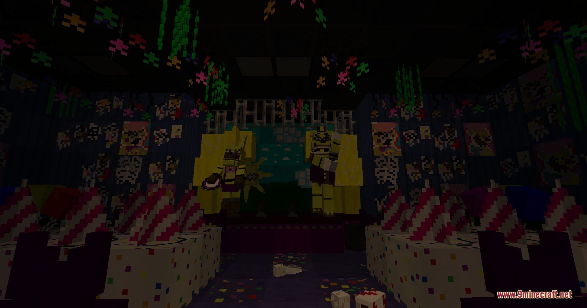 Five Nights At Freddy’s Additions Update 2 Mod (1.21.1) 9 Two yellow animatronics performing on a stage in a dark minecraft party room