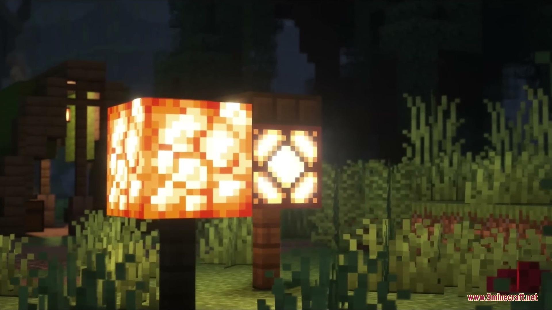 Redstone lamps showing active light motion and bright glowing textures at night