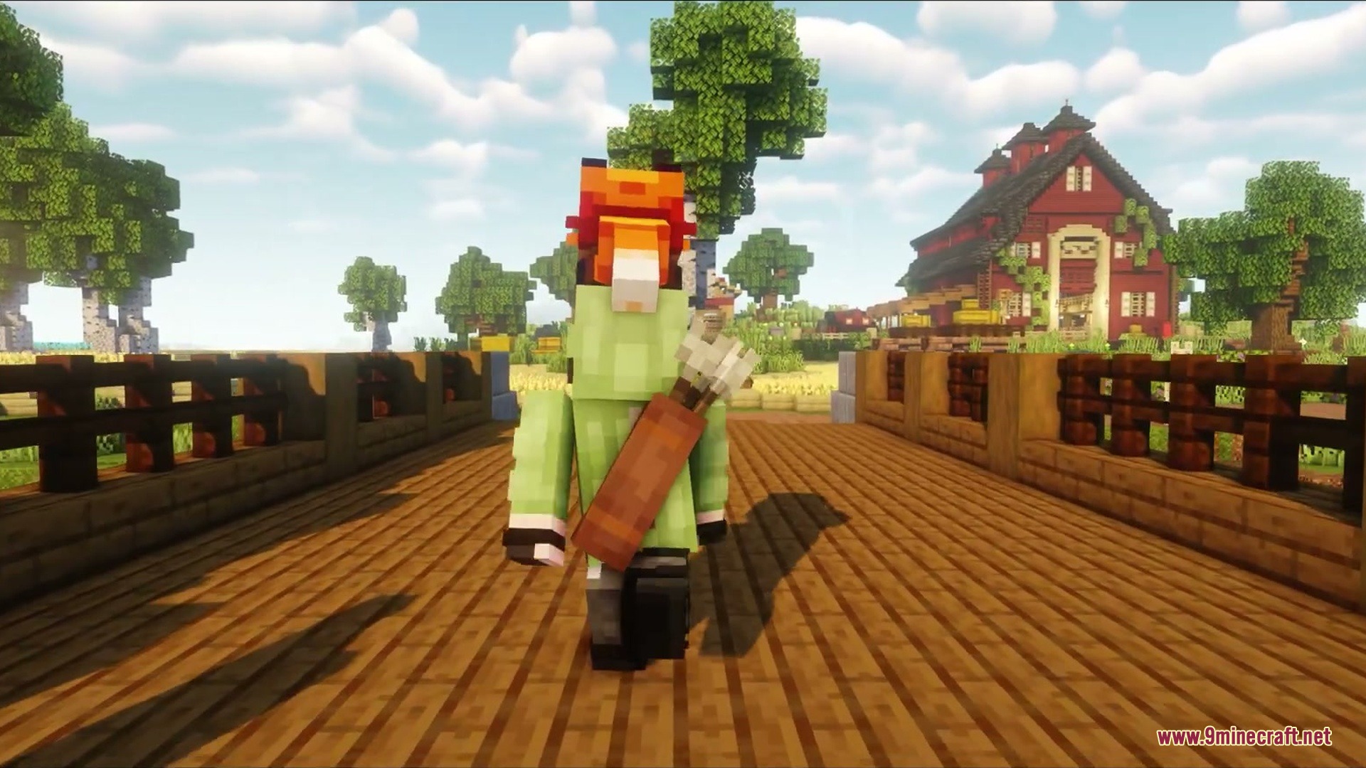 A minecraft player with a fox hat walking across a wooden bridge