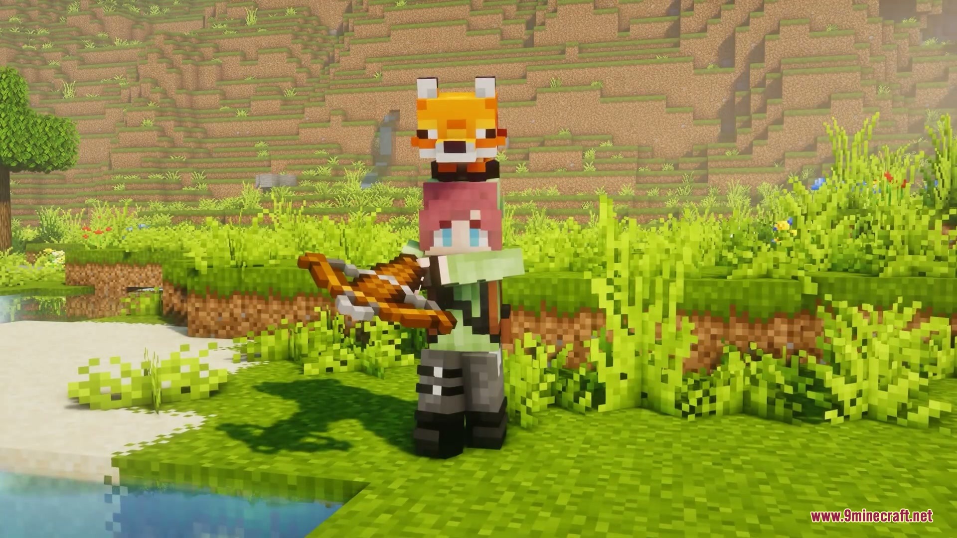 A minecraft player holding a crossbow with a fox sitting on their head