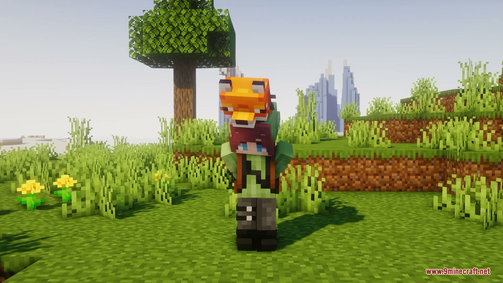 A minecraft character standing in a field with a fox on their head