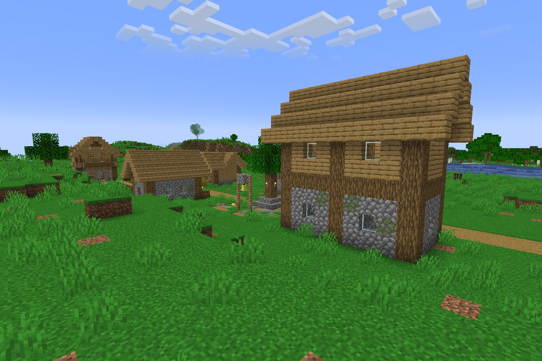 A small minecraft village with wooden houses on a green grassy field