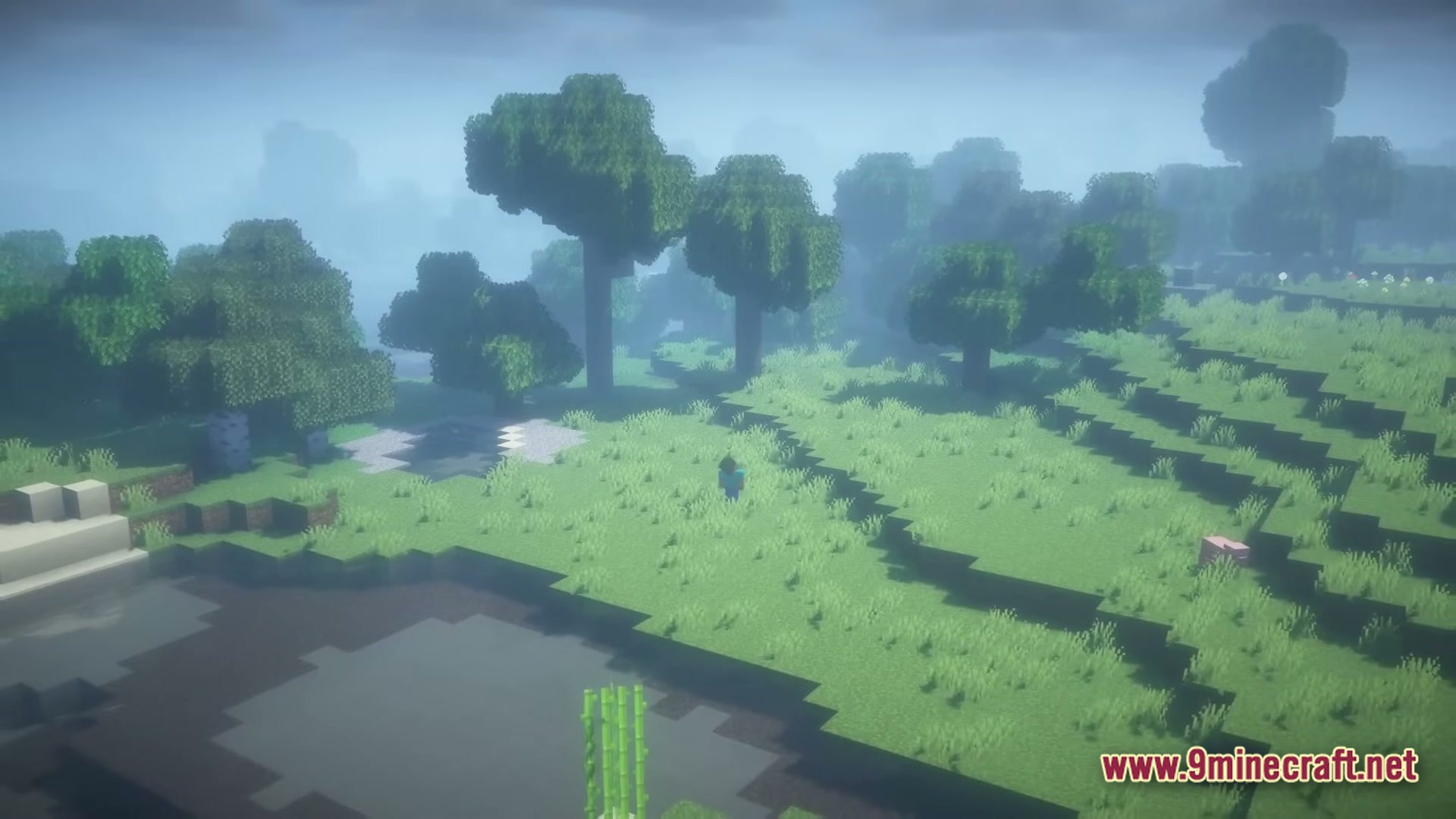 From The Fog Modpack (1.20.1) – Survive The Creepy Stalker 2 A distant herobrine figure stands in a foggy minecraft forest biome with shaders enabled